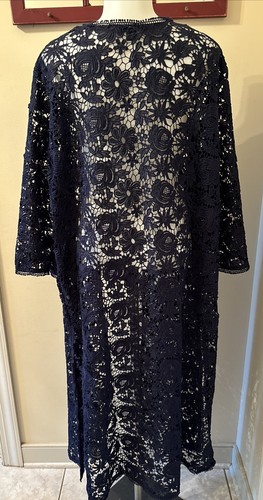 Roamans Womens Plus 22W Blue Open Crochet Knit 3/4 Sleeve Cardigan Lovely! - Picture 9 of 17