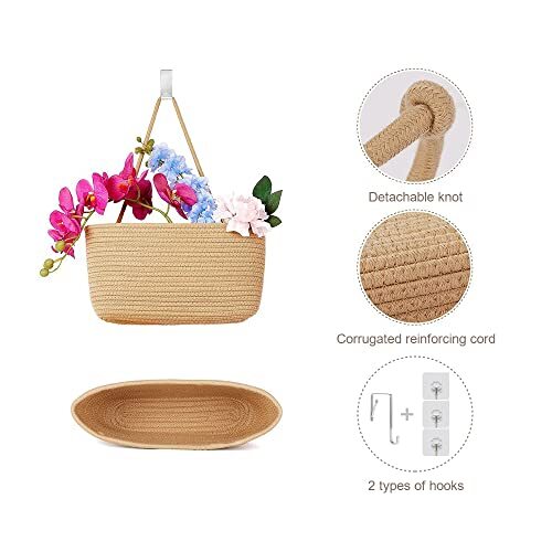 Over the Door Hanging Basket, 3-Tier Woven Cotton Wall-Mounted Storage Jute - Picture 2 of 7