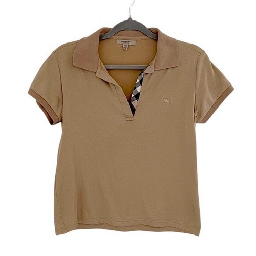 Burberry Women's Tan Gold Short Sleeve Polo Shirt Classic Golf Old Money M