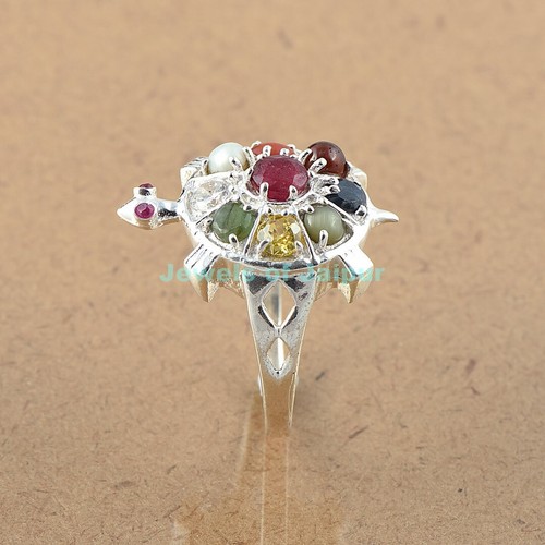 Anillo Tortuga Plata Esterlina 925 - Anillo Tortuga Piedras Preciosas Navratna tamaño EE. UU. 4 a 8 - Imagen 2 de 3