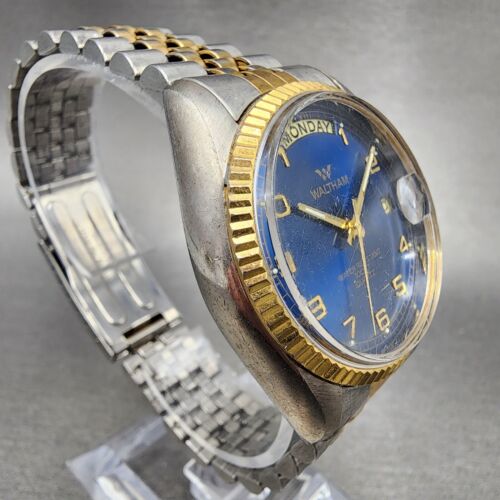 Waltham President Watch Men 36mm Blue Dial Two Tone Daydate Round New Battery - Picture 4 of 11