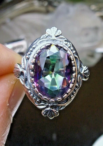 Sim Mystic Topaz Ring 5ct Oval Gem Silver Wreath Vintage [Made to Order]#74