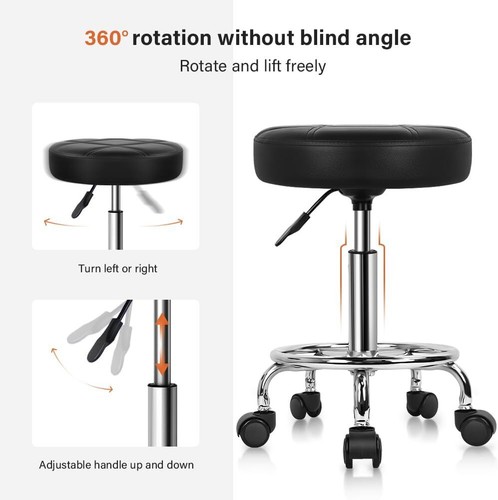 Rolling Stool Chair PU Leather Height Adjustable Swivel Drafting Work SPA Shop - Picture 4 of 7