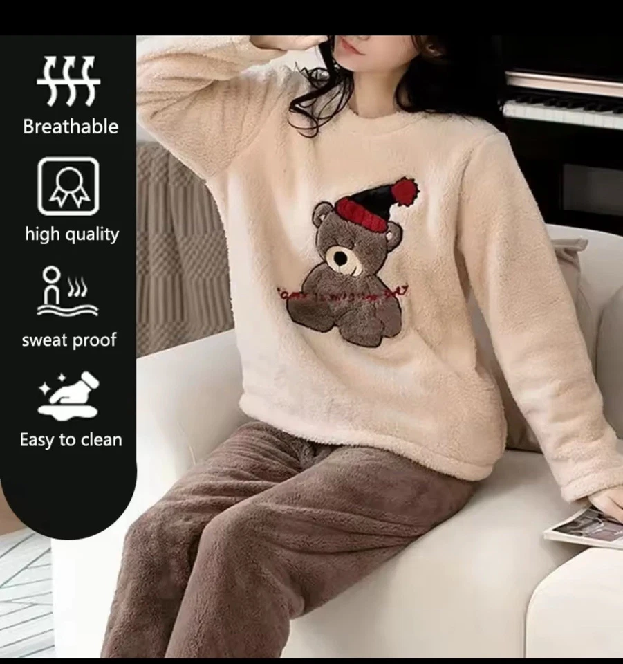Damen Fraue Winter Fleece Kuschelig Flauschig Warm Weich Pyjama Schlafanzug Set - Bild 3 von 4