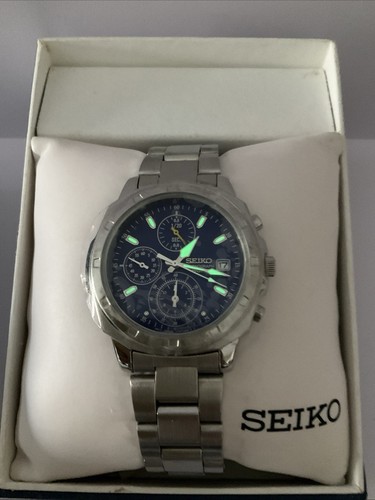 Seiko Chronograph 50m 7T92-0CA0 Blue Dial 39.5mm Quartz Mens Watch NOS! - Picture 6 of 13