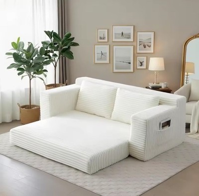 73'' Corduroy Pull-Out Sofa Bed, white, striped, side pocket, adjustable cushions
