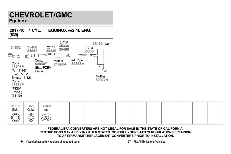 For Chevy Equinox 10-17 Walker 54853 Aluminized Steel Exhaust Intermediate Pipe Foto 2 de 3