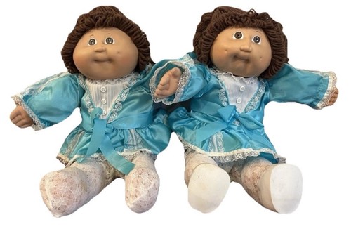 Cabbage Patch Twins Girl Doll 16" Brown Hair Eyes Matching Outfit 1985 Vintage