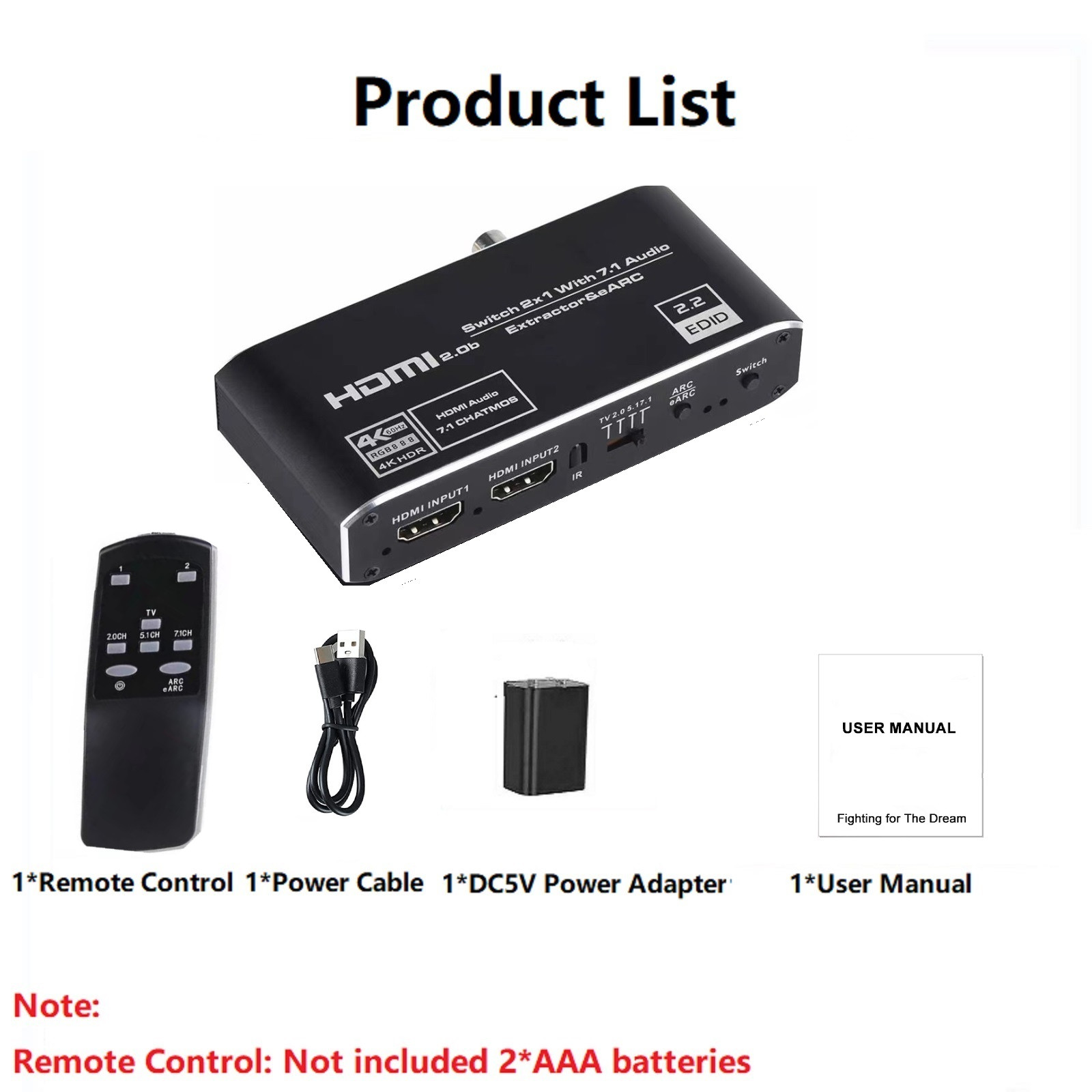 HDMI 2.0b Audio Extractor Switcher 4K@60Hz 2 In 1 Out W/ Earc & Toslink For TV