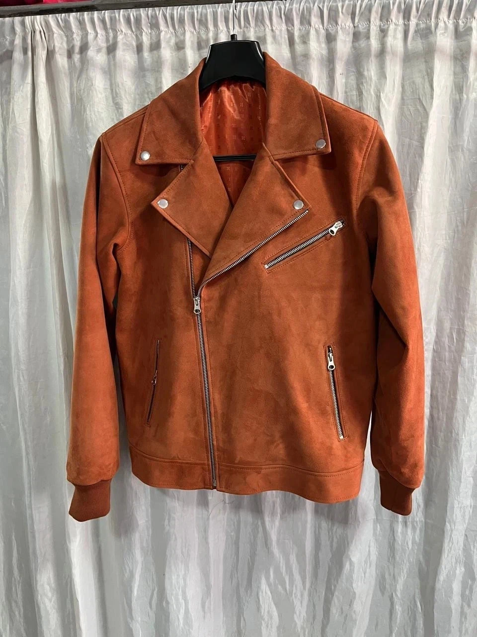 Men's Burnt Orange Biker Suede Leather Jacket. Real Soft Suede Leather Jacket M.