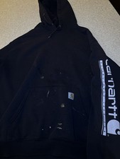 Carhartt Black Fleece Pullover Hoodie Men's Long Sleeve Logo Hooded Pockets