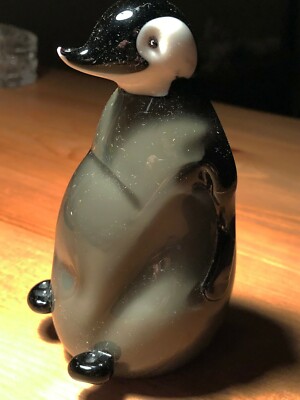 cute girthy handmade fused glass penguin chick/baby/polar bird avian figurine