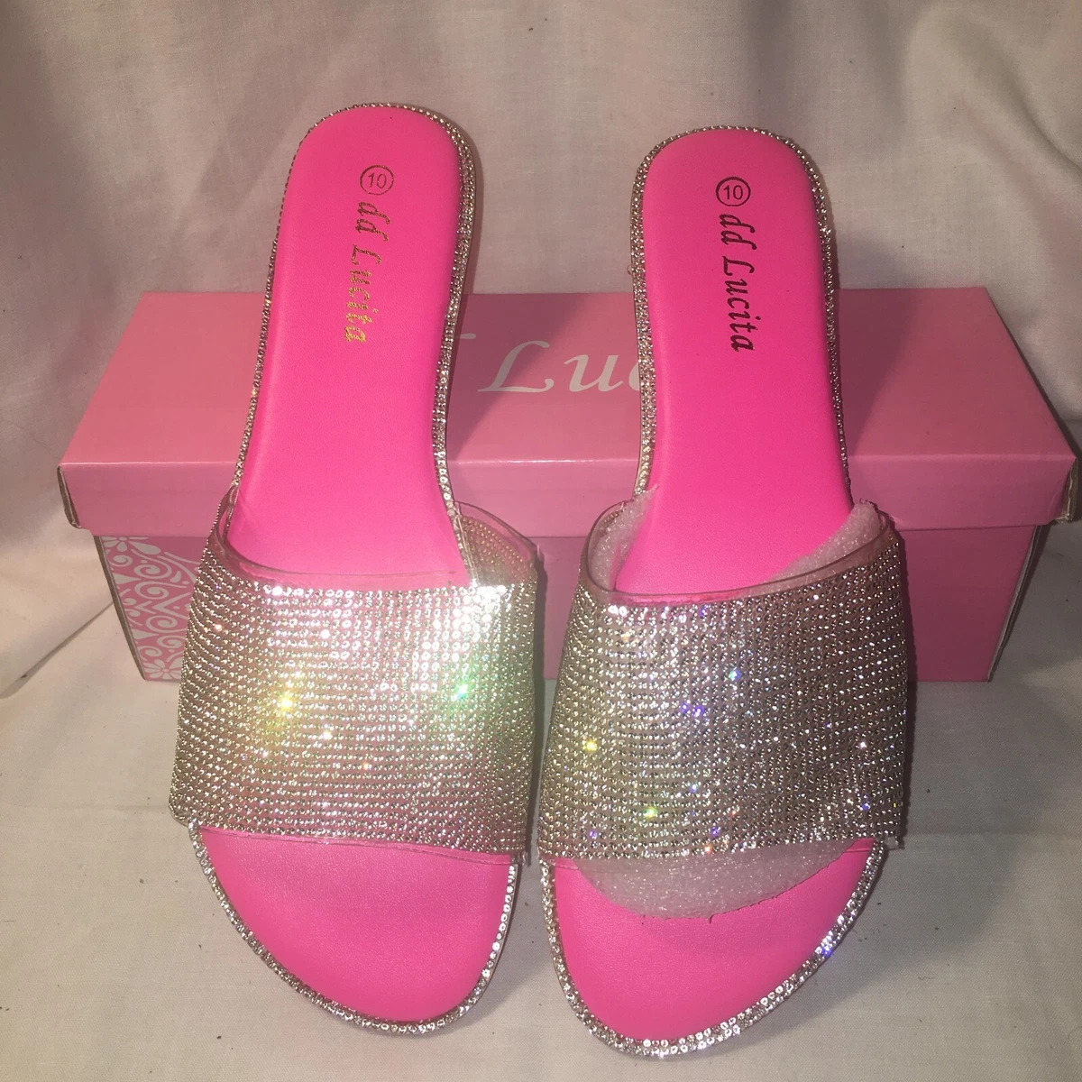 HOT FLUORESCENT PINK Sparkly Rhinestone Women s NEW Slide Shiney Sandals