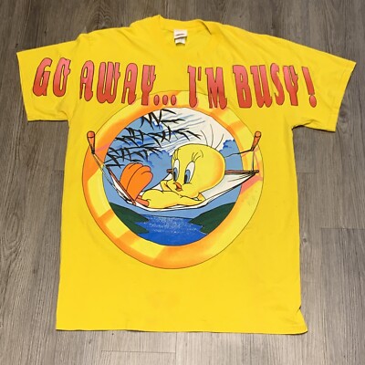 1997 Vintage Tweety Bird Shirt Size L Go Away Im Busy Looney