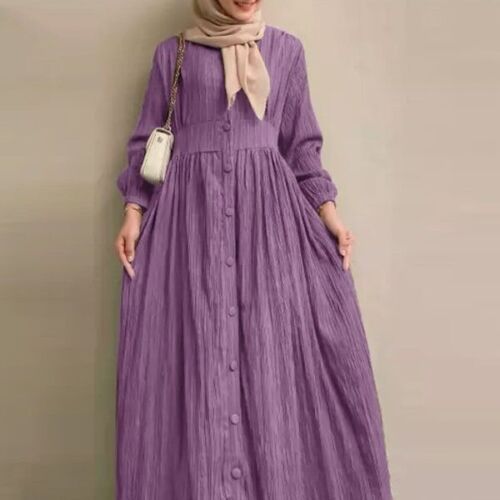 Muslim Wome Retro Long-sleeved Solid Color Robe Elegant Casual Plus Size Dress - Picture 1 of 26