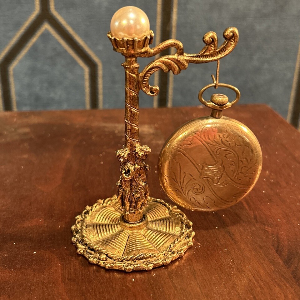 Vintage 4" Gold Pocket Watch Hanger Display Stand Cherubs w Antique