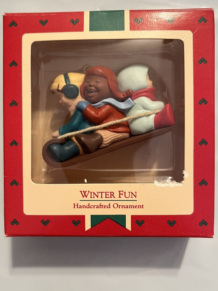 NEW Sledding Kids Ornament 1988 Hallmark Keepsake Winter Fun NIB