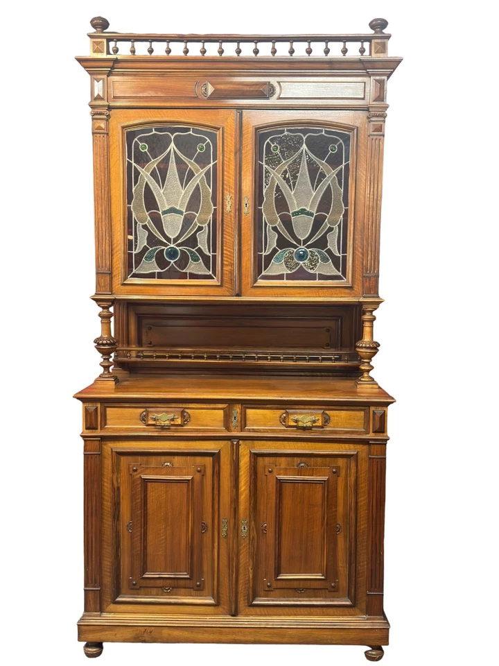 Antiguo armario victoriano de nogal retroceso vitral francés 1870 Foto 2 de 4