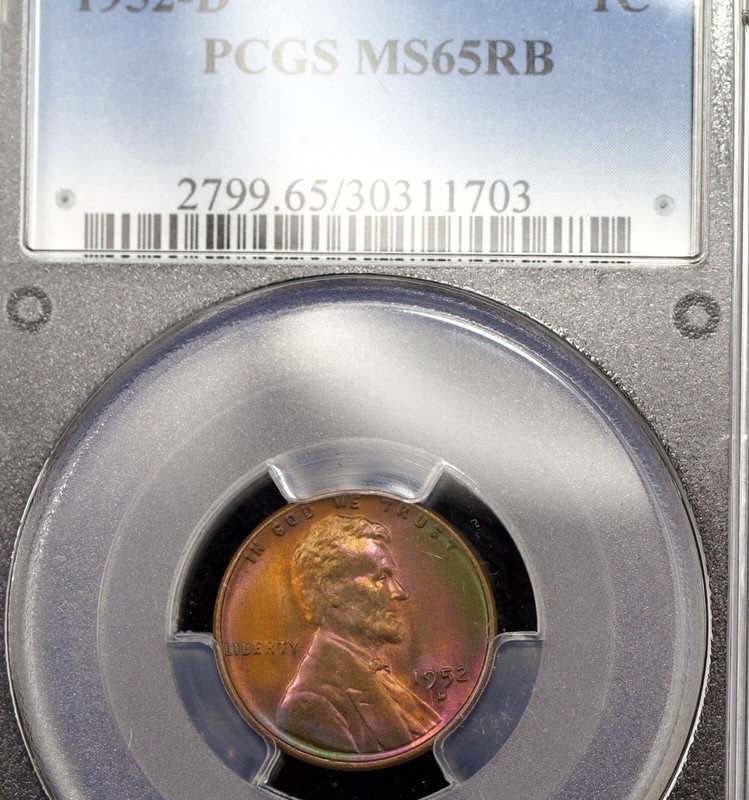 (#100962) 1952 D Lincoln Wheat Cent.  MONSTER Toner.  PCGS MS 65 RB