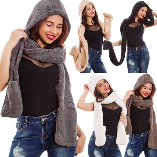 Cappello donna cappuccio eco pelliccia guanti incorporati sciarpa nuovo  XXWJ-806 | eBay