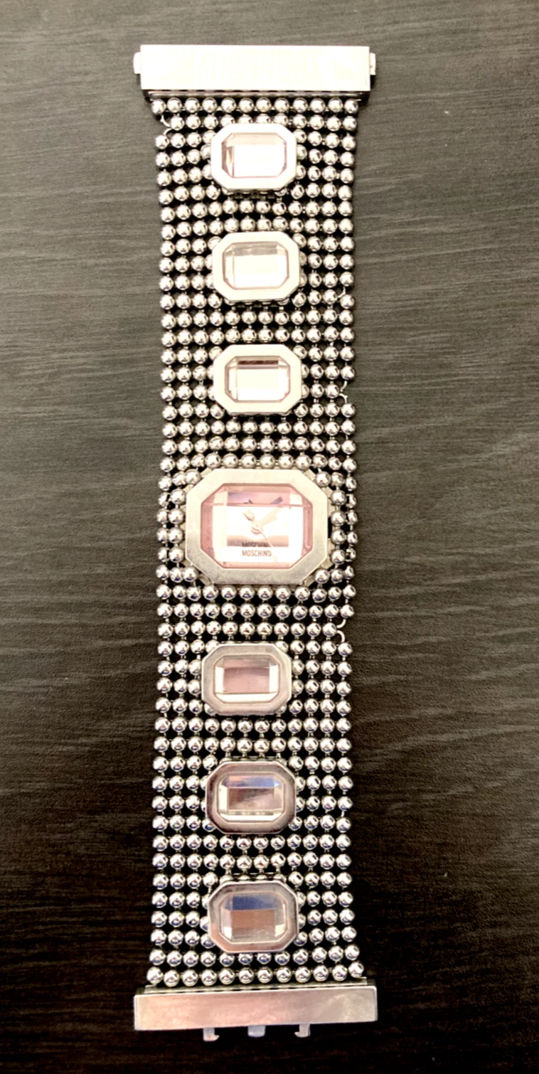 Autentico Orologio Moschino Bracciale Perline Design Unico Argento e Cristallo Rosa