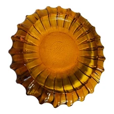 Vintage MCM Amber Round Ashtray Glass 10"  Heavy Sunburst Ribbed  Edging 