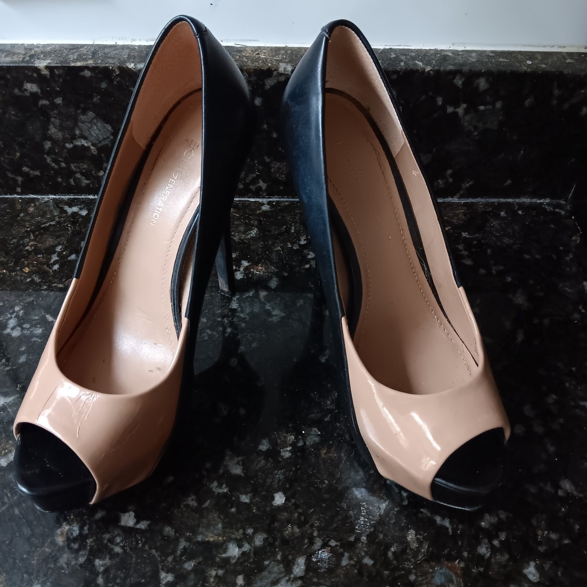 BCBGeneration Faux Leather Beige Black Platform Open Toe Pumps 5