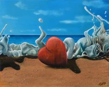 🔵 Heart On The Beach / Original Art Oil Painting, Seascape, Waves, Love, Red