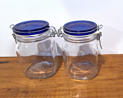 Bormioli Rocco Fido Glass Jar Cobalt Blue Lid Canister Mason 1 L Set of 2