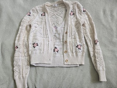 MANGO Womens Knit Cardigan And Floral Tank Top Set Crocheted Beige Sz S