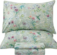 Green Floral Queen Size Sheet Sets - Green Flower Bird Butterfly Print Botanical