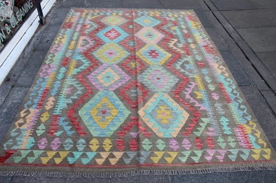 Tapis Kilim Oriental Vintage Fait Main Marron 252x179cm Laine 100% - Photo 1/4