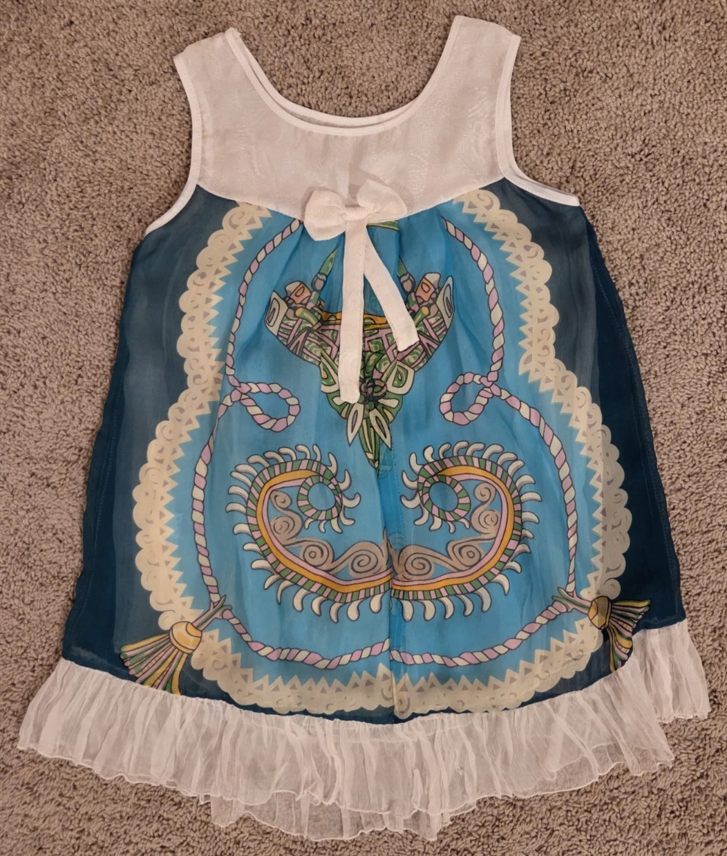 Girls Blue 100% Silk Dress - Size 6 - Sleeveless Ruffle Hem Bow Detail