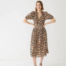 J. CREW Smocked Waist Cotton Voile Midi Dress Zebra Stripe Tan Brown Sz M {3Z6}