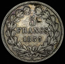 France Louis Philippe I Silver 5 Five Francs 1837 A Paris