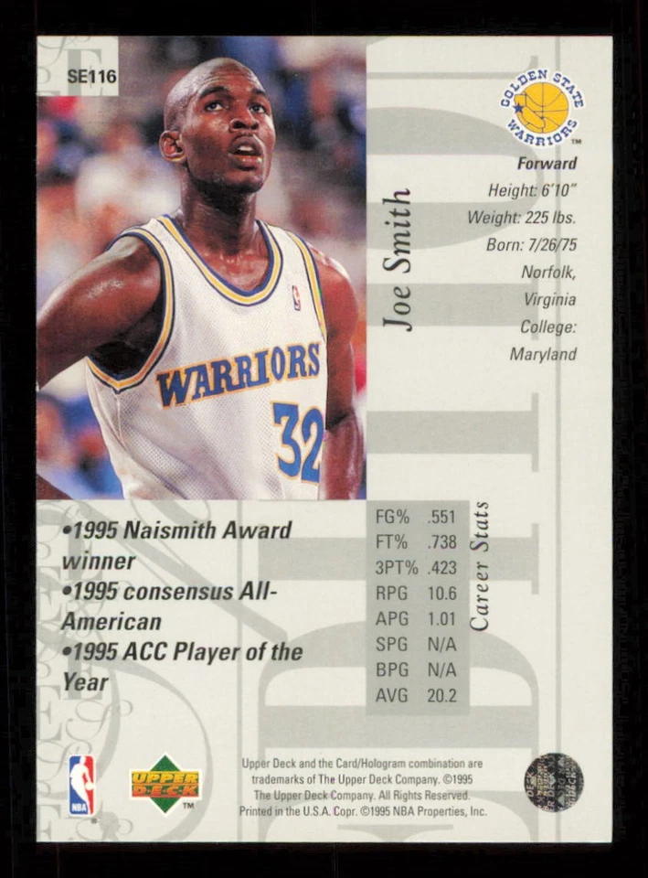 1995-96 Upper Deck Special Edition #116 Joe Smith Basketball WARRIORS NM-MT - Image 2 of 3