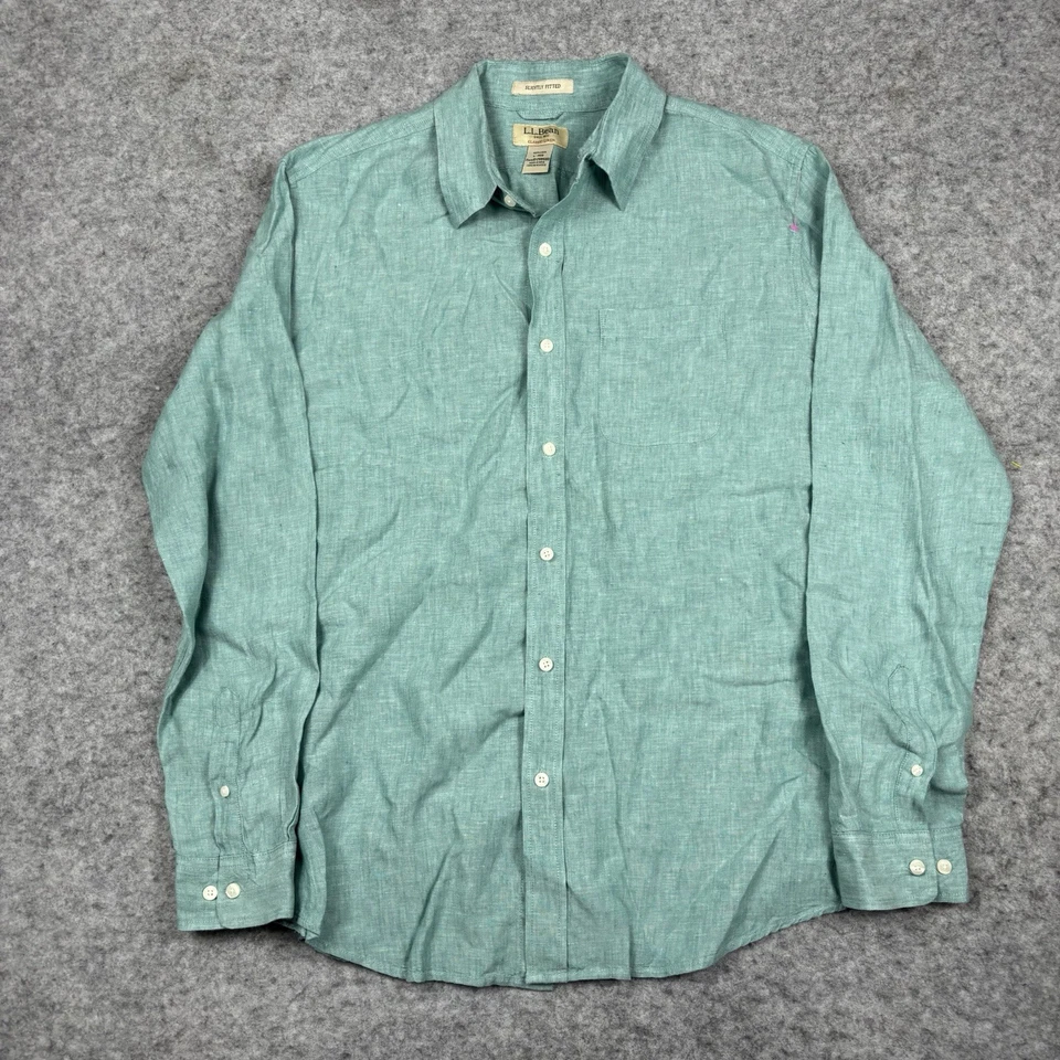 LL Bean Slightly Fitted Classic Linen Button Up Shirt Men’s Large Green Chambray - Image 2 of 4