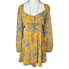 Forever 21 Mini Dress Womens Medium Yellow Floral Boho Southwestern Babydoll