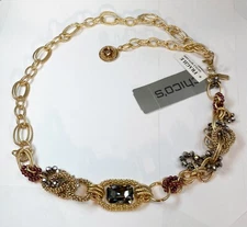 Chico's Adjustable Gold-Tone Link Statement Belt Hemi Glass Stones, Pearls S/M