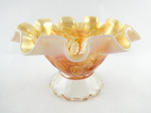 Vintage Dugan Dogwood Sprays Marigold Opalescent Carnival Glass Footed Bowl - Picture 1 of 15