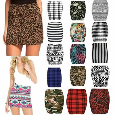 Neu Bedruckter Damen Minirock Damen Stretch Gummizug Jersey Kurzer Minirock