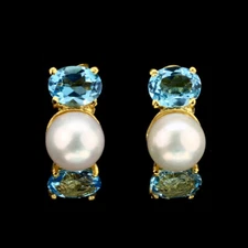925 Sterling Silver Earrings Oval Swiss Blue Topaz 8x6mm Pearl Gemstone Jewelry