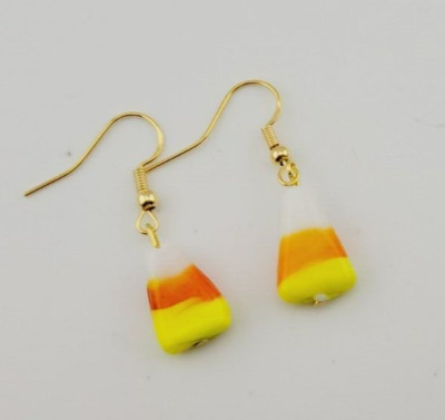 Candy Corn Glass Bead Pierced Earrings HALLOWEEN THANKSGIVING GT 1.5'' Drop