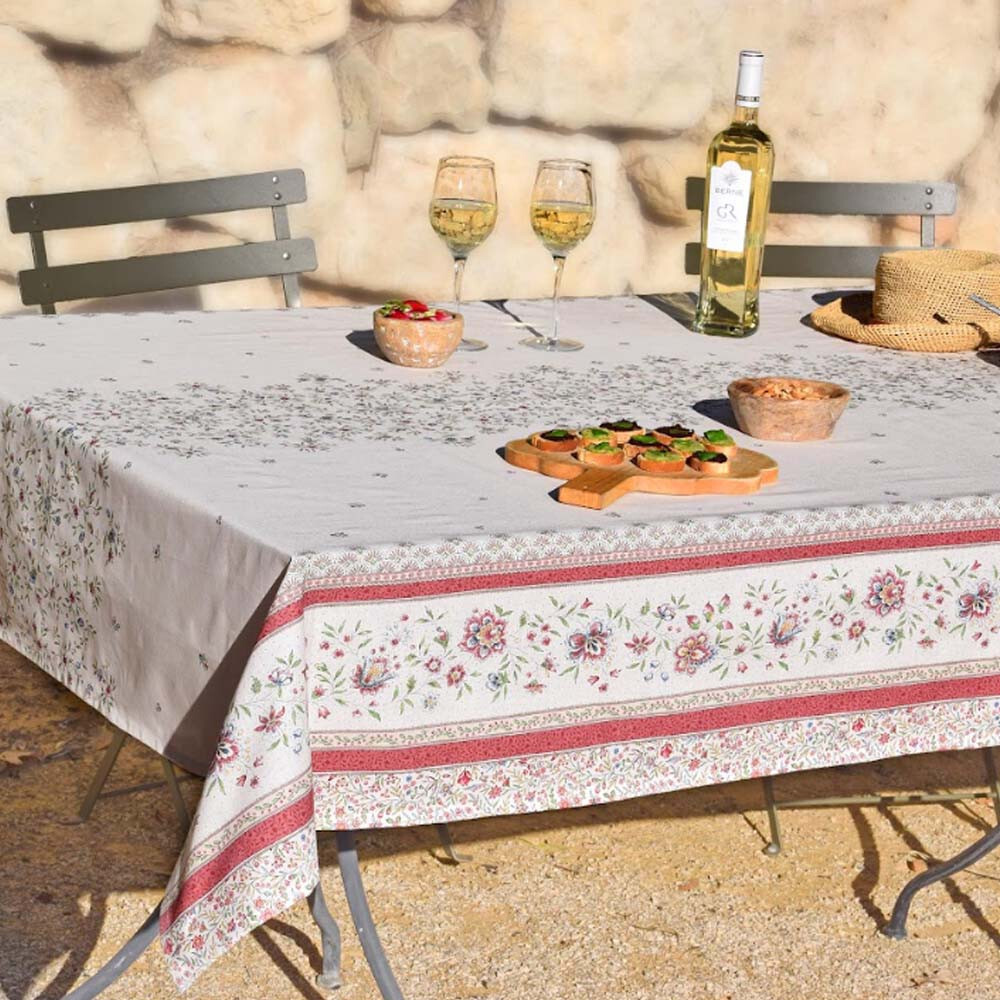 Nappe coton enduit rectangulaire provençale rose Beaucaire plastifiée double