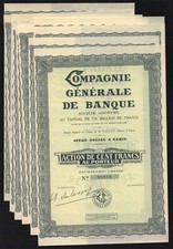 Lot 10 Stück - Compagnie Générale de Banque - Action 100 Francs - 1938 EF