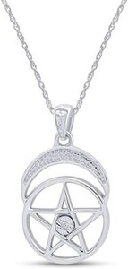 Authentic Simulated Diamond Pentagram Moon Pendant Necklace In 14k Gold Plated Sterling