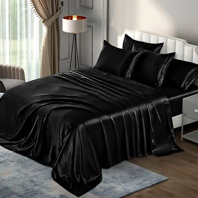 P POTHUINY SATIN SHEETS Bedding Sheet Set Pillow Case Deep Pocket Queen Black 6-Pc POTHUINY