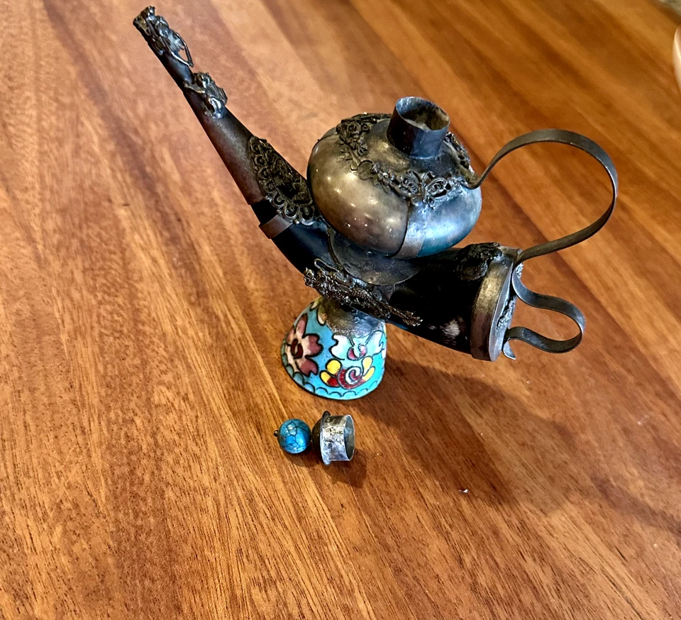 ¡¡Raro!! Antiguo quemador de incienso cuerno de dragón chino plata jade opeeum piep asiático Foto 3 de 4