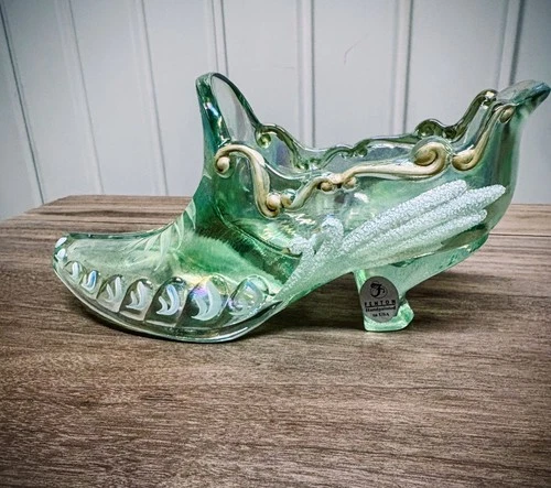 Fenton Hand Painted Green Glass Art Shoe Figurine, Glossy Decorative Collectible