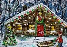 ACEO Original  PAINTING Winter XMAS HOUSE Cabin Trees Snow Child Landscape ART
